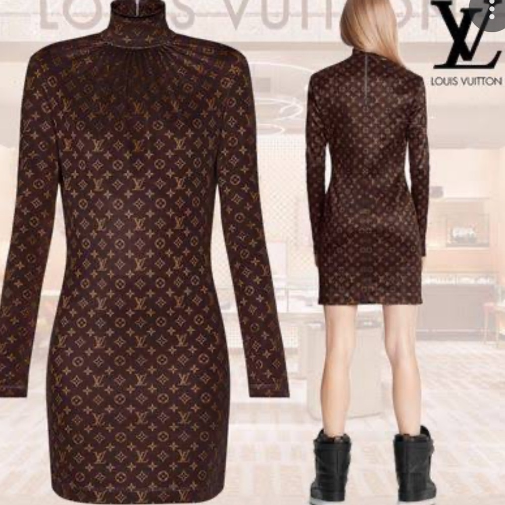 Louis Vuitton monogram print brown long sleeve dress mini women size XS stretch
